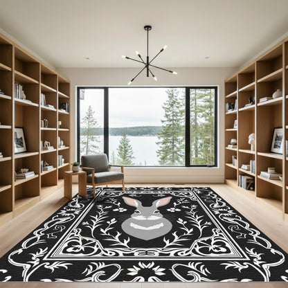 Whimsical Gray Bunny Floral Border Rug
