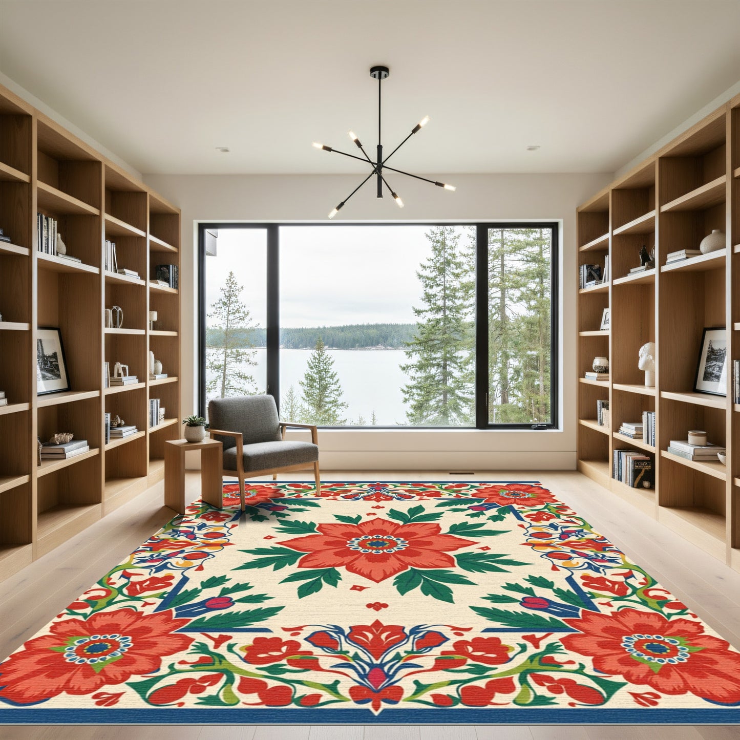 Crimson Flower Bordered Garden Rug