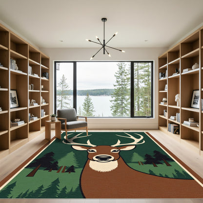 Regal Deer Antlers Forest Scene Rug