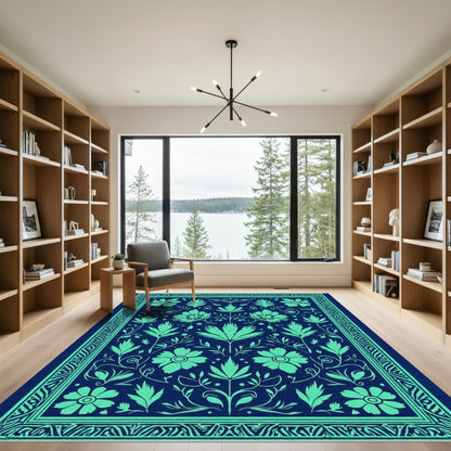Green Floral Folk Art Navy Rug