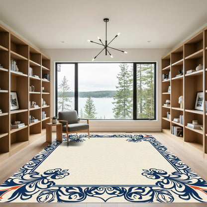 Navy Blue Floral Border Cream Rug