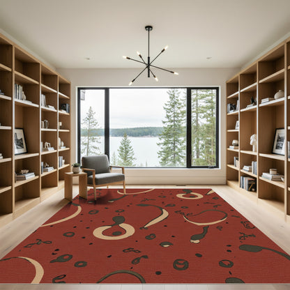 Abstract Crimson Swirls Scattered Dots Rug