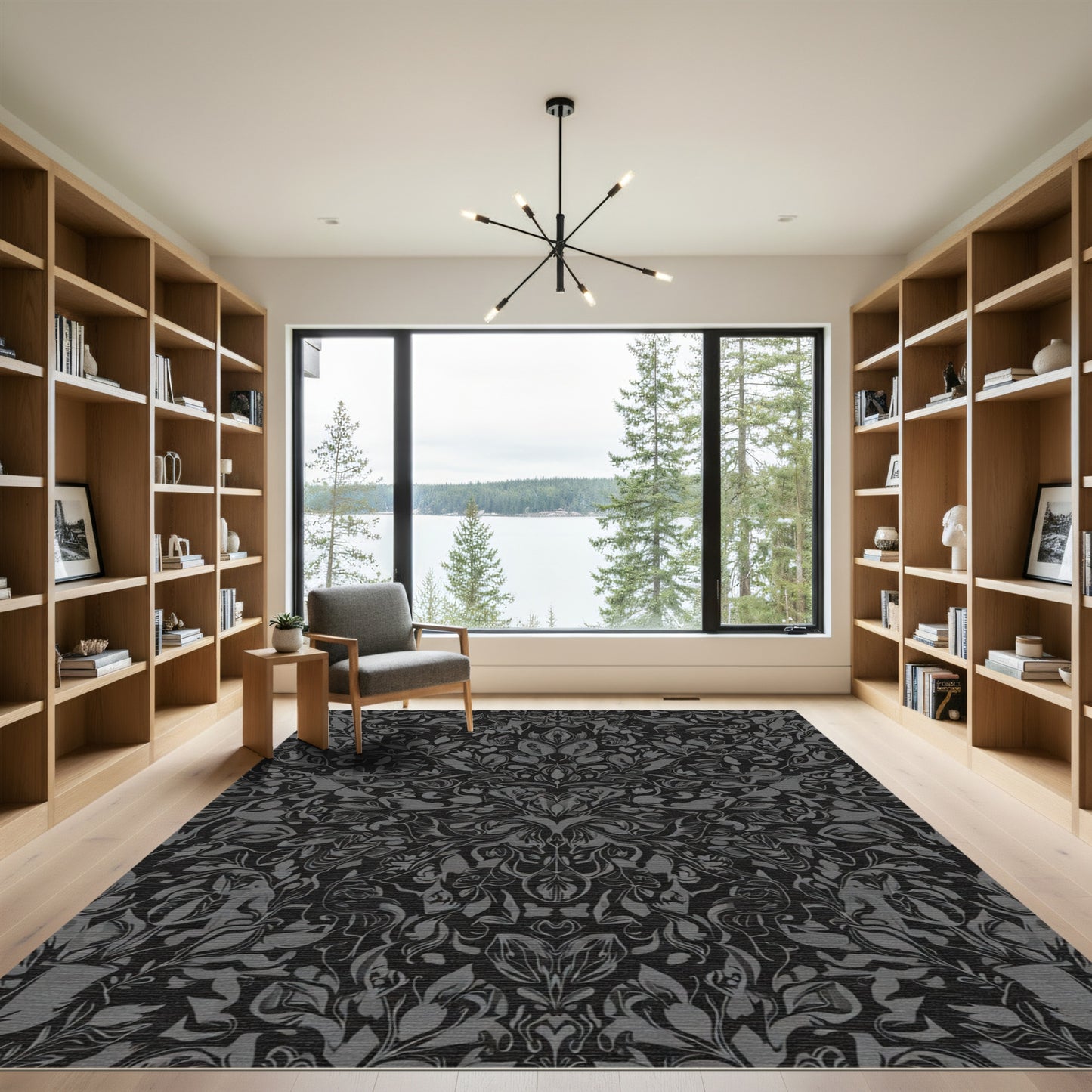 Dark Charcoal Vintage Floral Damask Rug