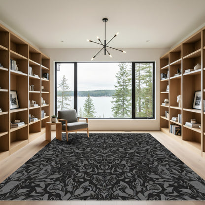 Dark Charcoal Vintage Floral Damask Rug