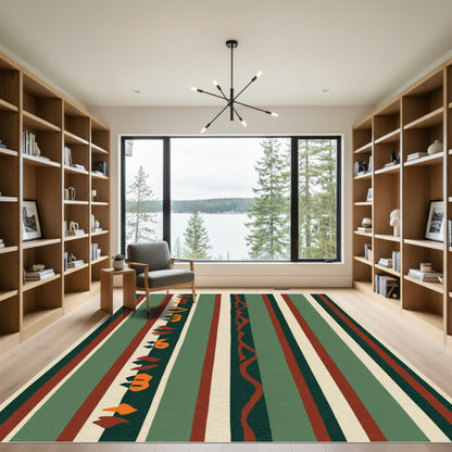 Earthy Green Red Abstract Stripe Rug