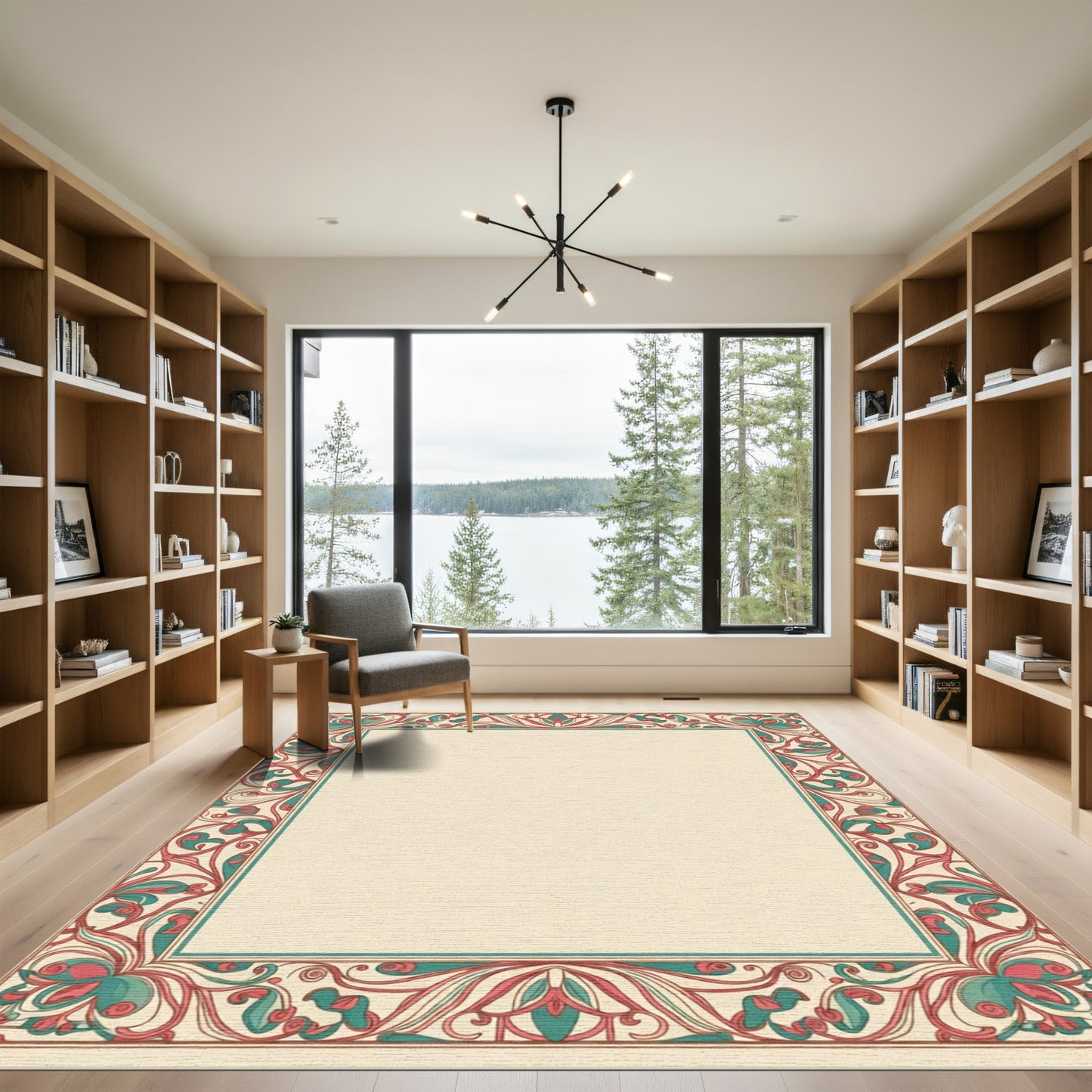 Art Nouveau Red Teal Floral Border Rug