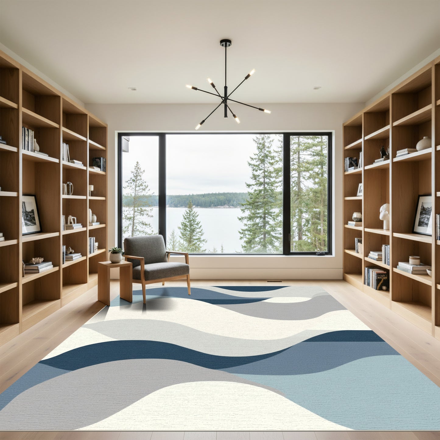 Abstract Blue Ivory Wave Landscape Rug