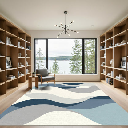 Abstract Blue Ivory Wave Landscape Rug
