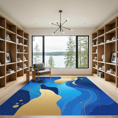 Deep Blue Golden Organic Wave Rug