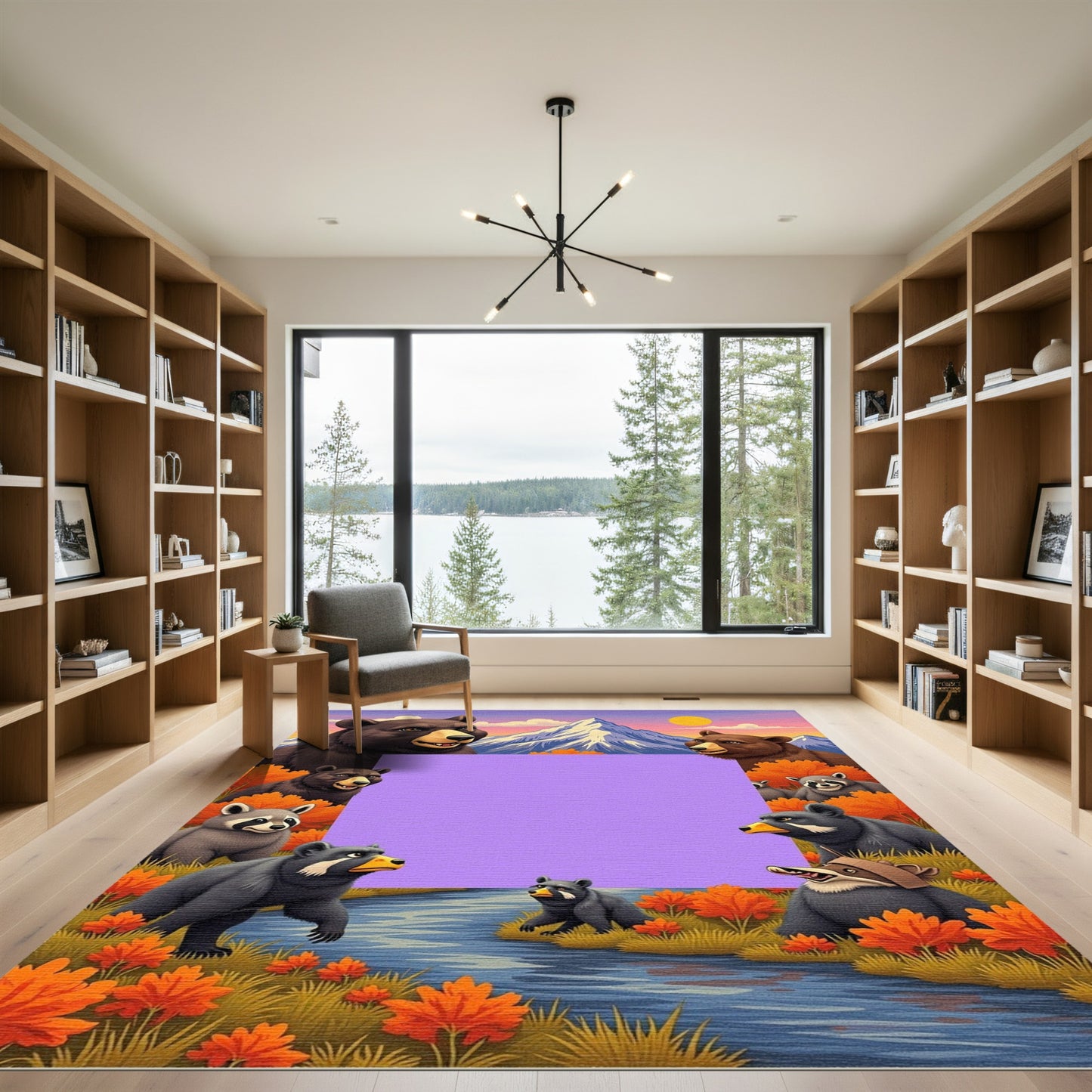 Whimsical Bear Mountain River Autumn Scene Rug