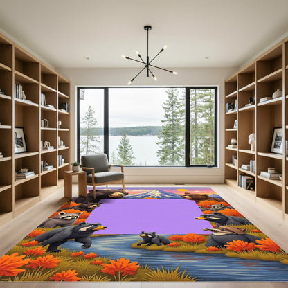 Whimsical Bear Mountain River Autumn Scene Rug