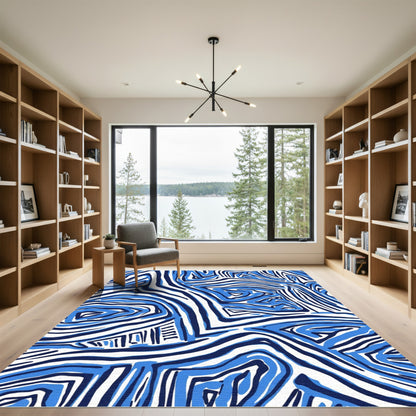 Modern Blue White Abstract Stripe Rug