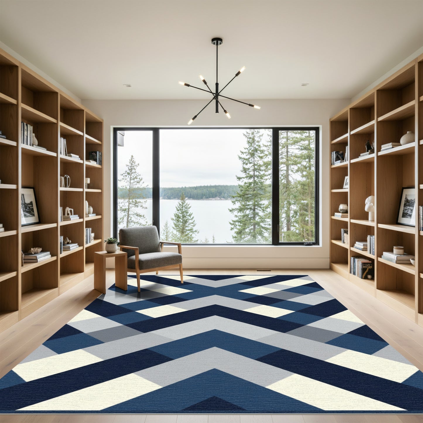 Navy Blue Geometric Chevron Rug