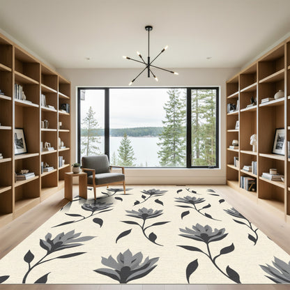 Monochromatic Grey Floral Branch Arrangement Rug