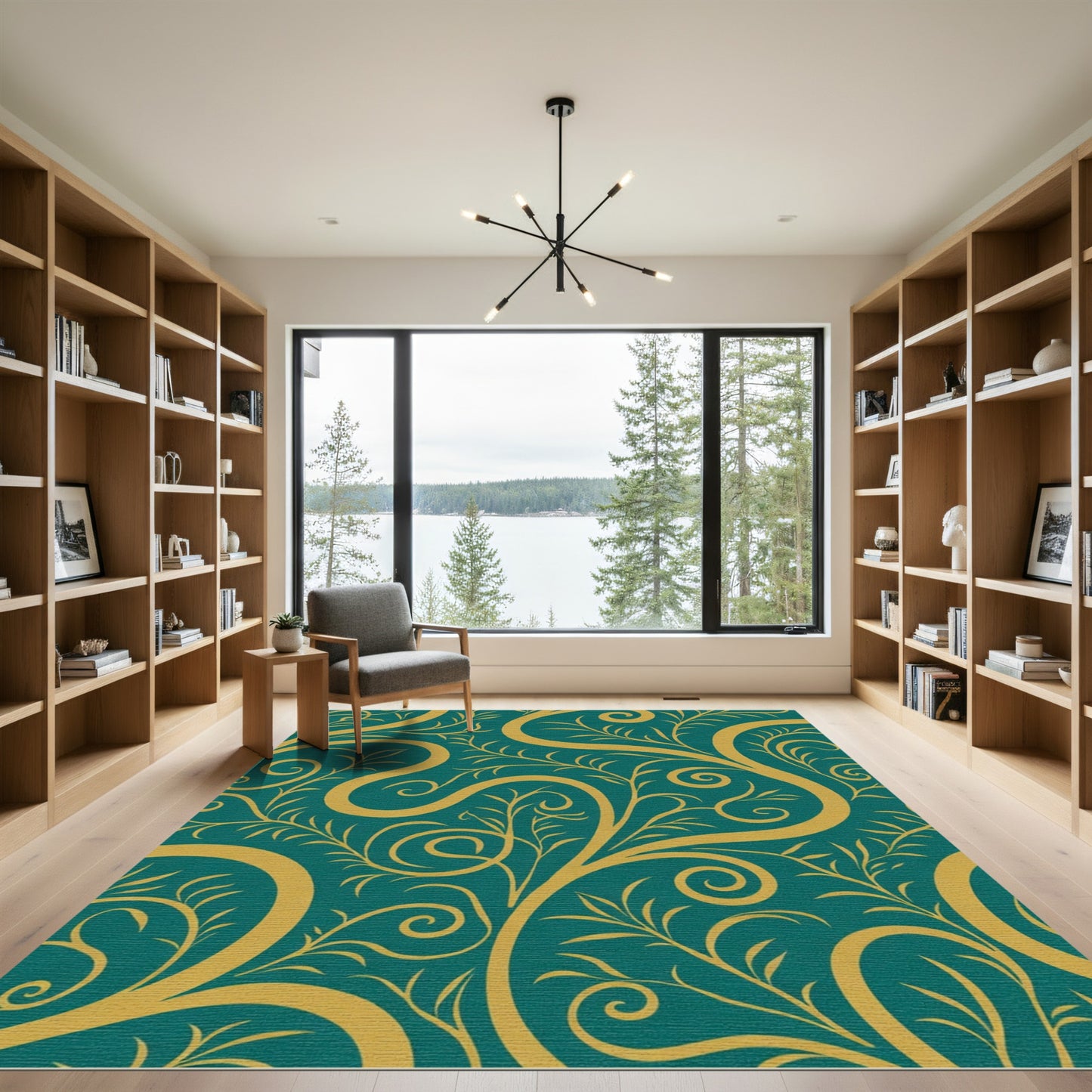 Deep Teal Golden Floral Swirls Rug