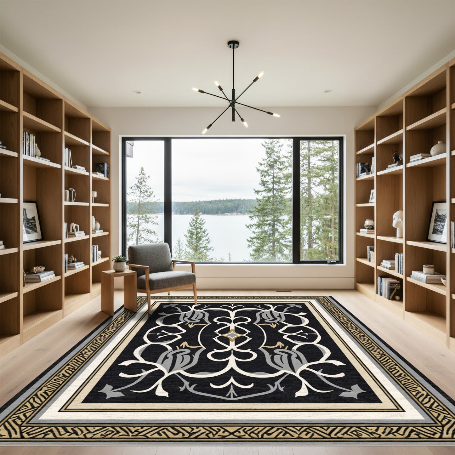 Black Cream Golden Arabesque Scroll Rug