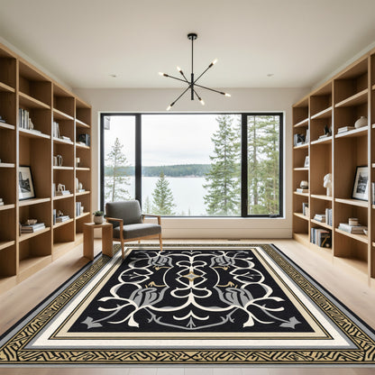 Black Cream Golden Arabesque Scroll Rug