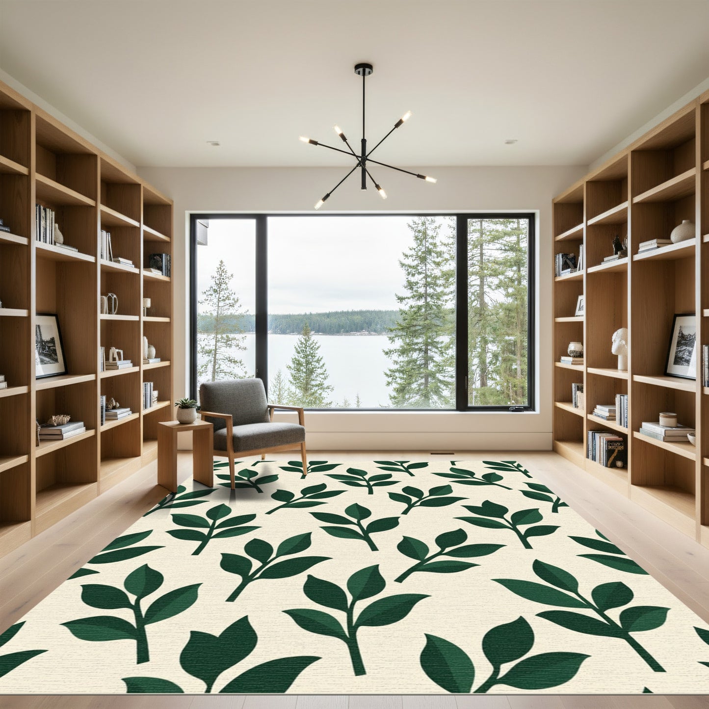Deep Green Leafy Branches Ivory Rug
