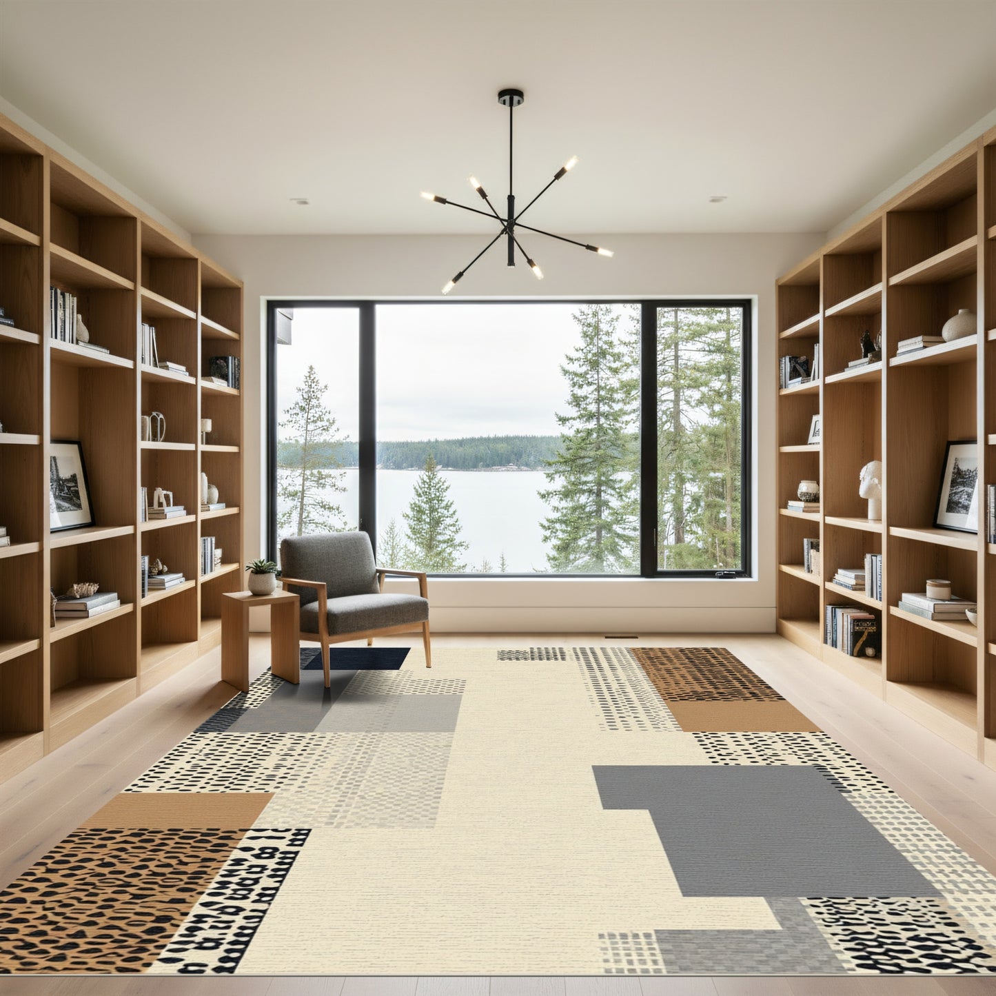 Abstract Beige Black Geometric Overlay Rug