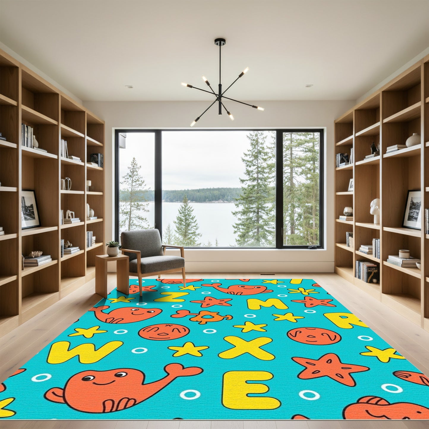 Whimsical Orange Whale Alphabet Aquatic Rug