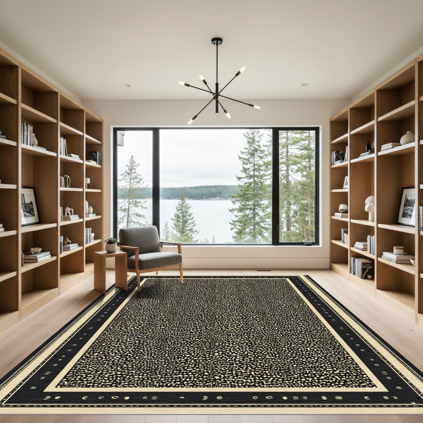 Abstract Speckled Black Ivory Border Rug
