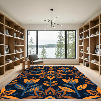 Orange Blue Floral Stem Medallion Rug