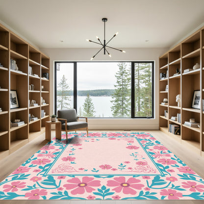 Pink Teal Blossom Border Rug