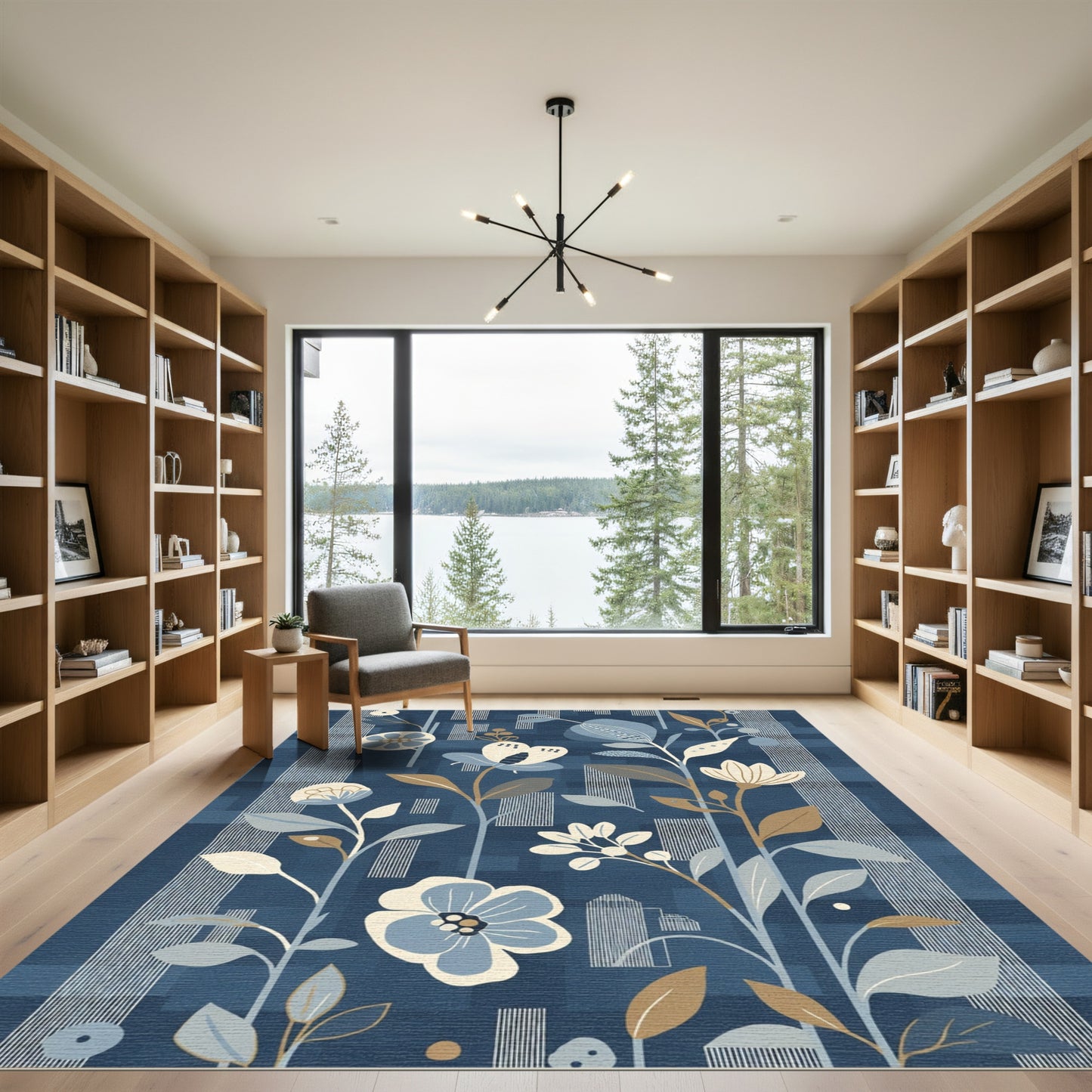 Abstract Blue Floral Botanical Stripes Rug