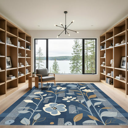 Abstract Blue Floral Botanical Stripes Rug