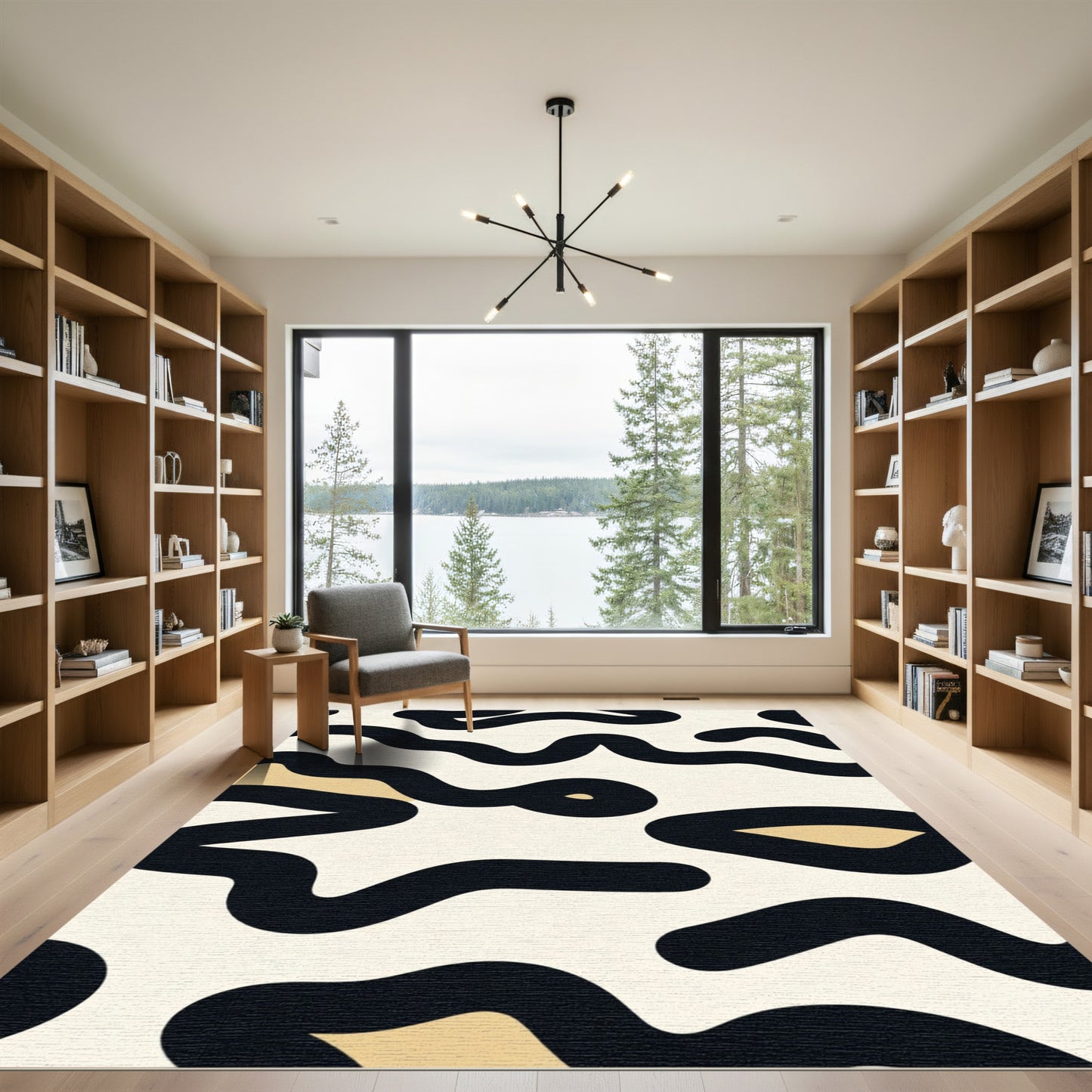 Cream Black Organic Wavy Lines Rug