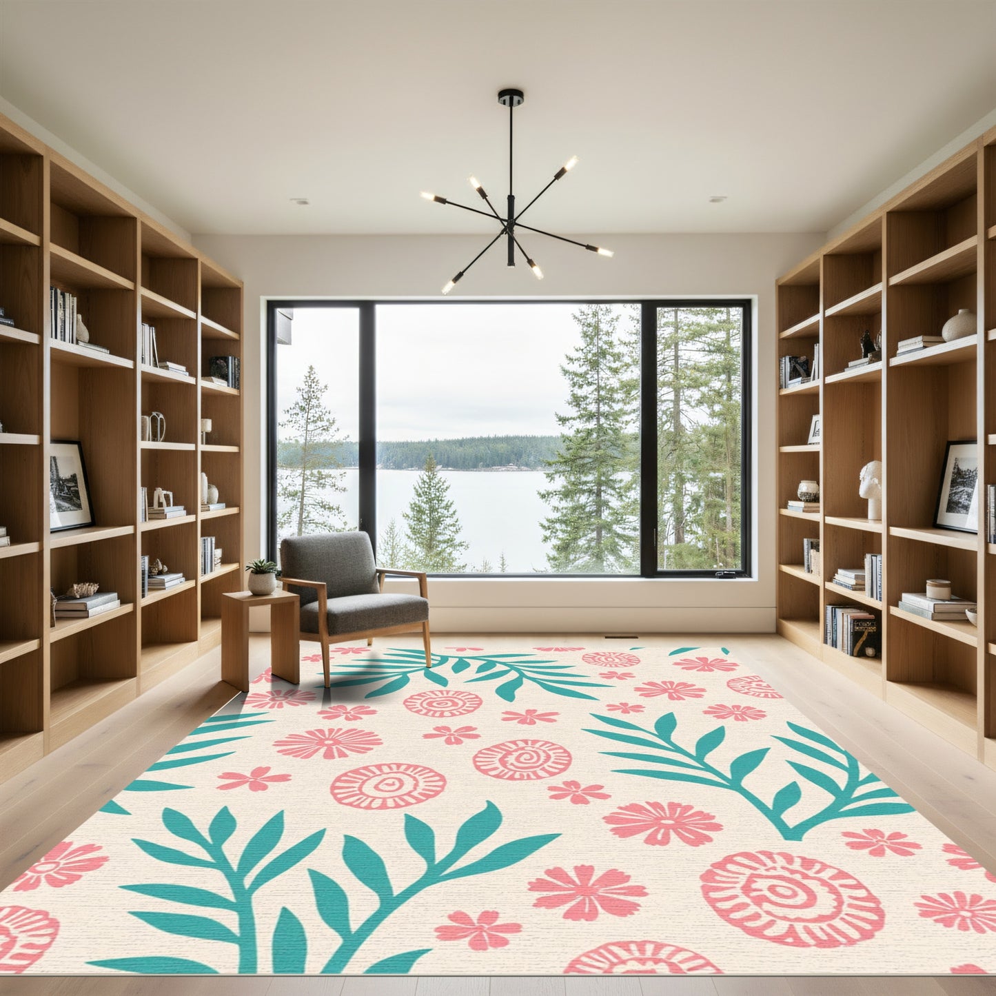 Coral Pink Floral Swirl Branches Rug