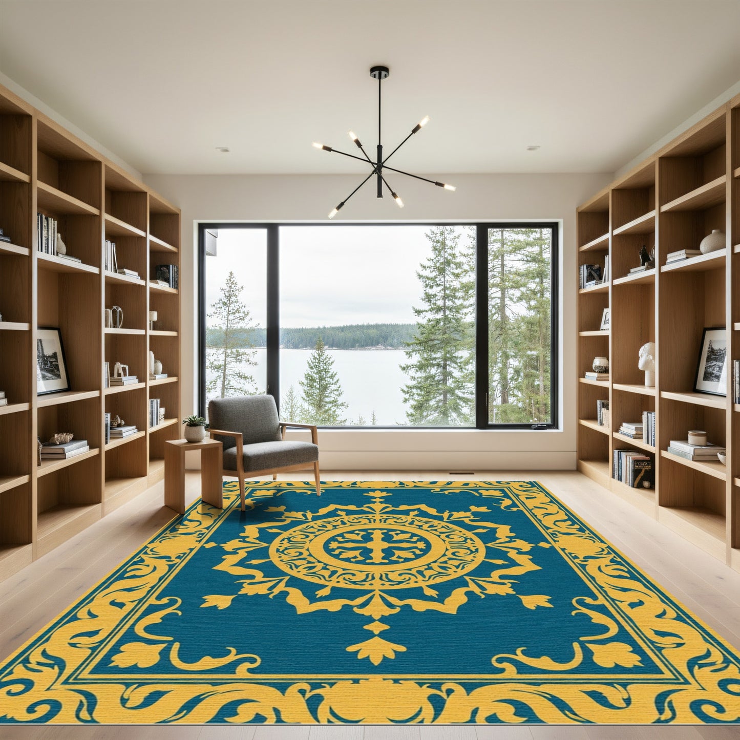 Deep Blue Floral Medallion Frame Rug