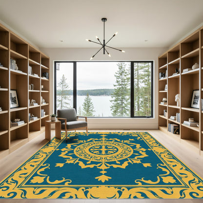 Deep Blue Floral Medallion Frame Rug