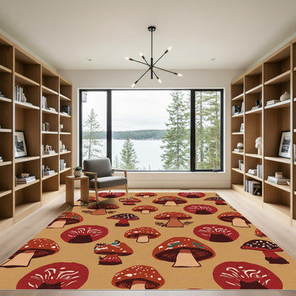Earthy Red Mushroom Woodland Pattern Rug