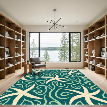 Cream Starfish Teal Swirls Rug