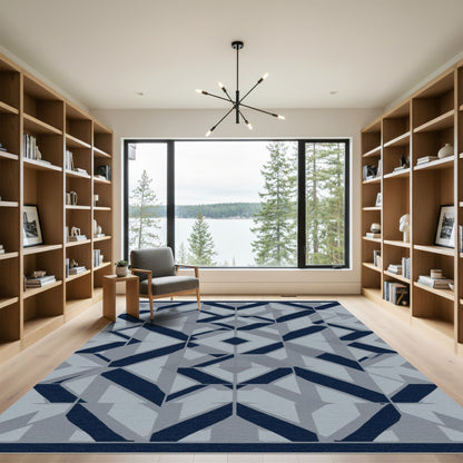 Navy Blue Gray Geometric Diamond Mosaic Rug