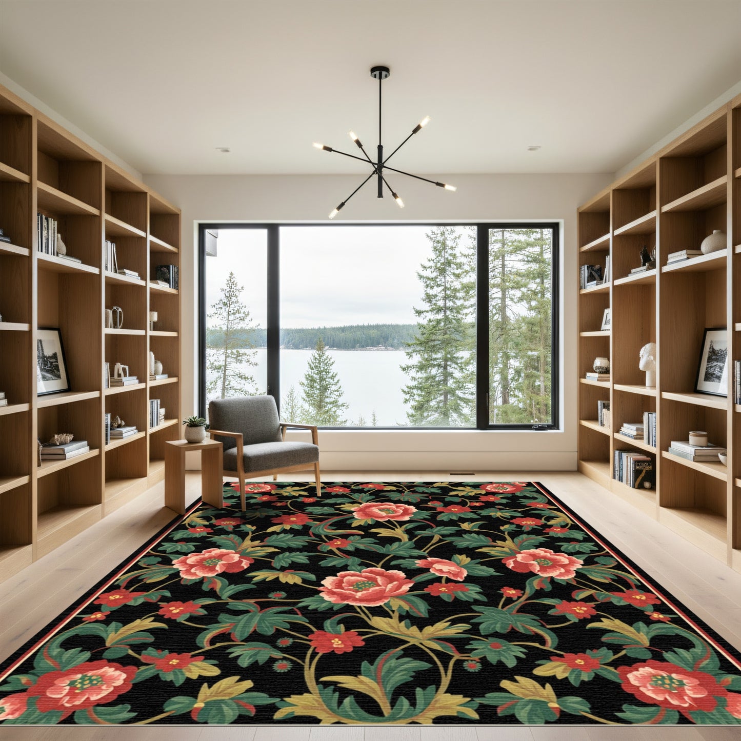 Crimson Floral Vine Botanical Black Rug