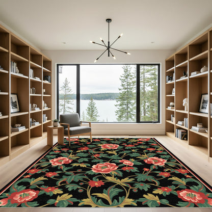 Crimson Floral Vine Botanical Black Rug