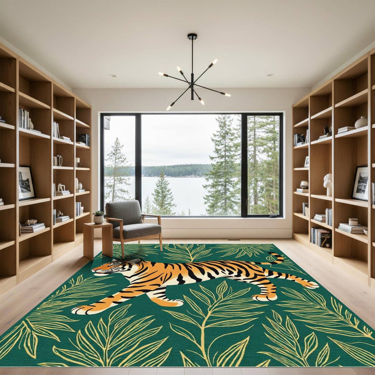 Bold Orange Tiger Green Leafy Jungle Rug
