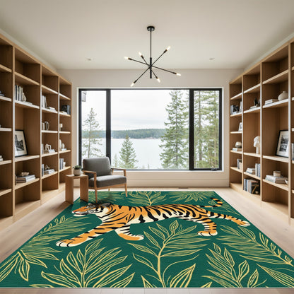 Bold Orange Tiger Green Leafy Jungle Rug