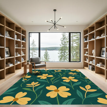 Golden Flowers Green Foliage Rug