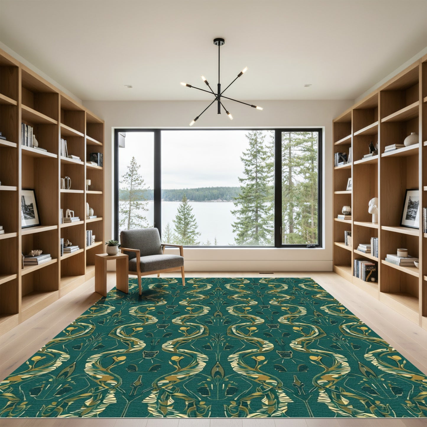 Emerald Swirl Gold Botanical Art Nouveau Rug