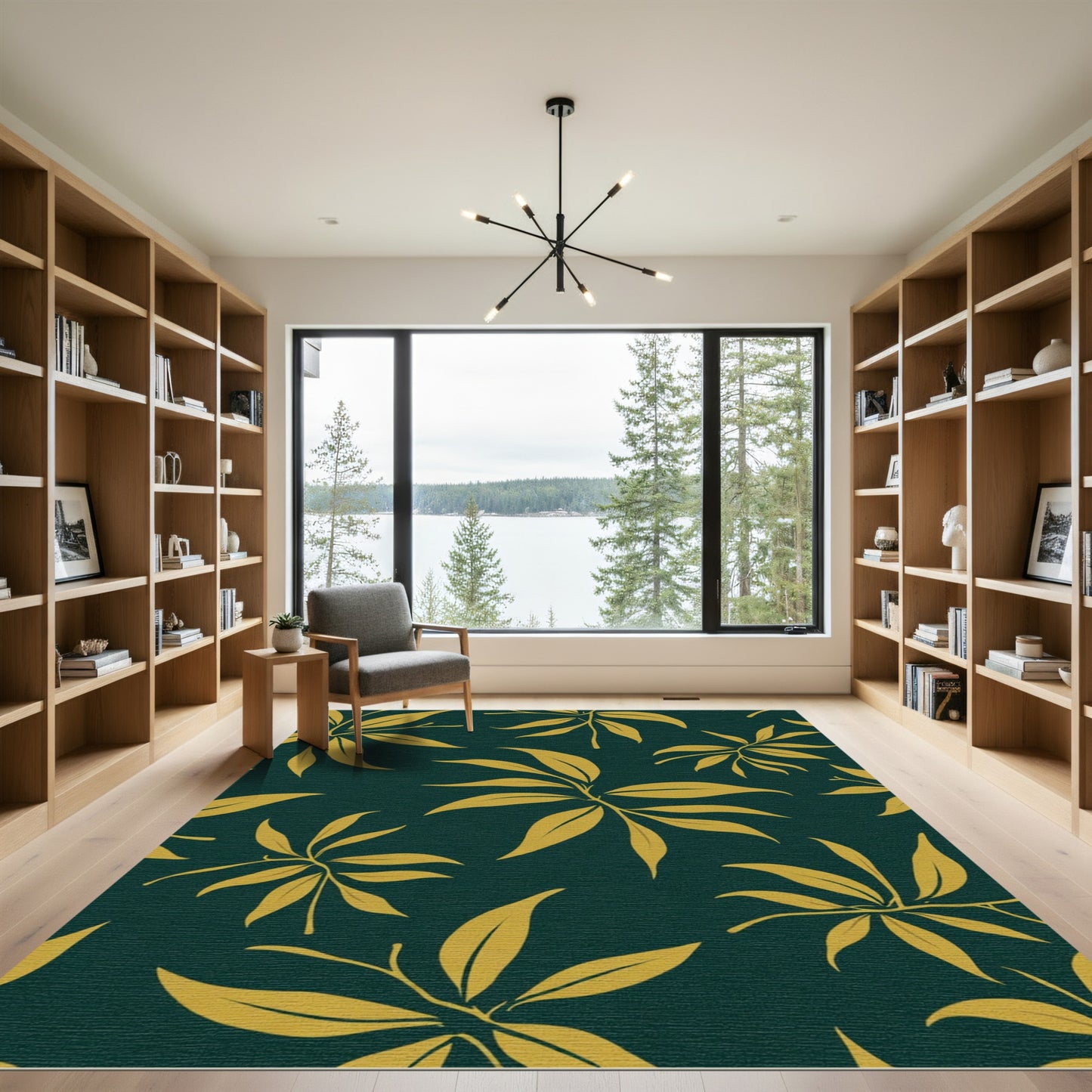 Golden Leafy Sprigs Dark Green Rug