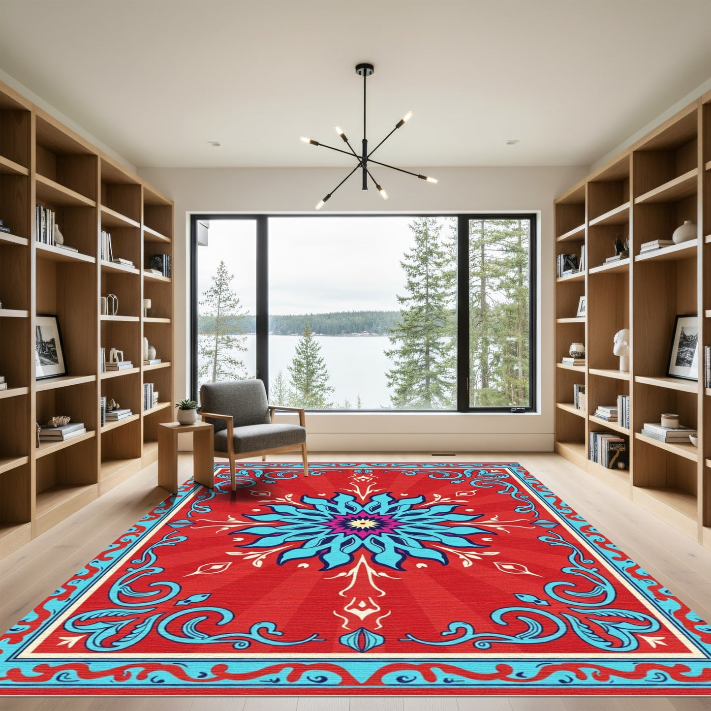 Vibrant Red Blue Floral Mandala Rug