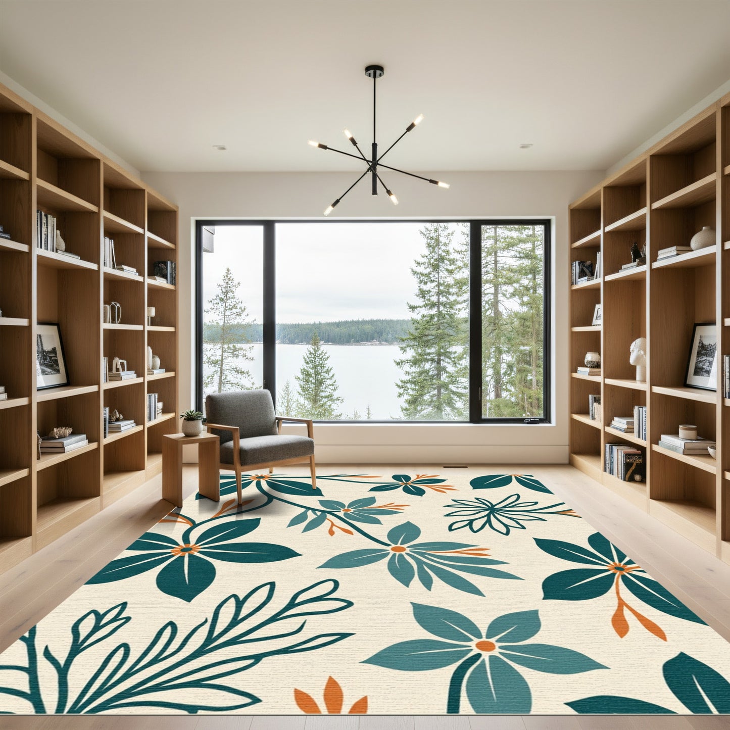 Teal Orange Botanical Floral Arrangement Rug