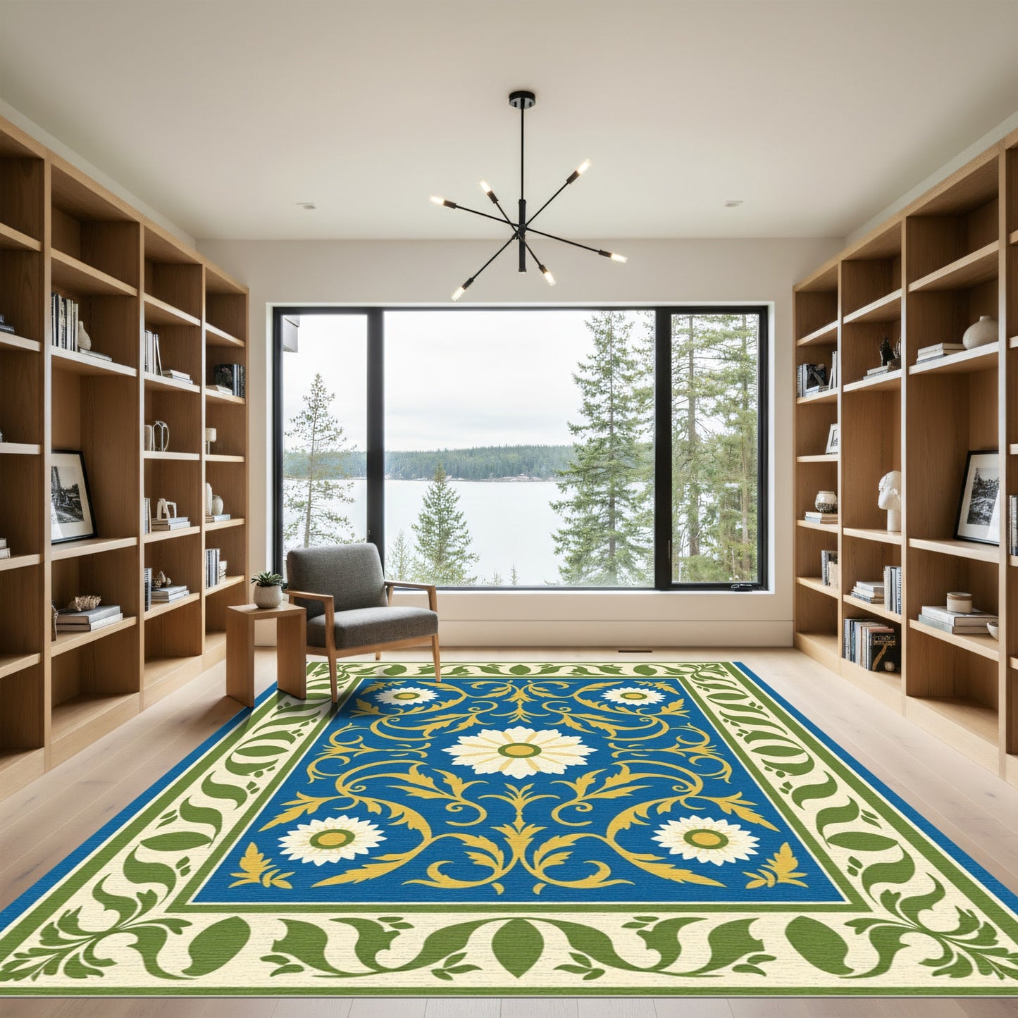 Royal Blue Golden Floral Border Rug