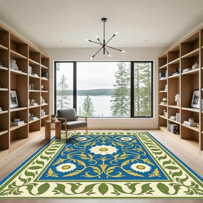 Royal Blue Golden Floral Border Rug