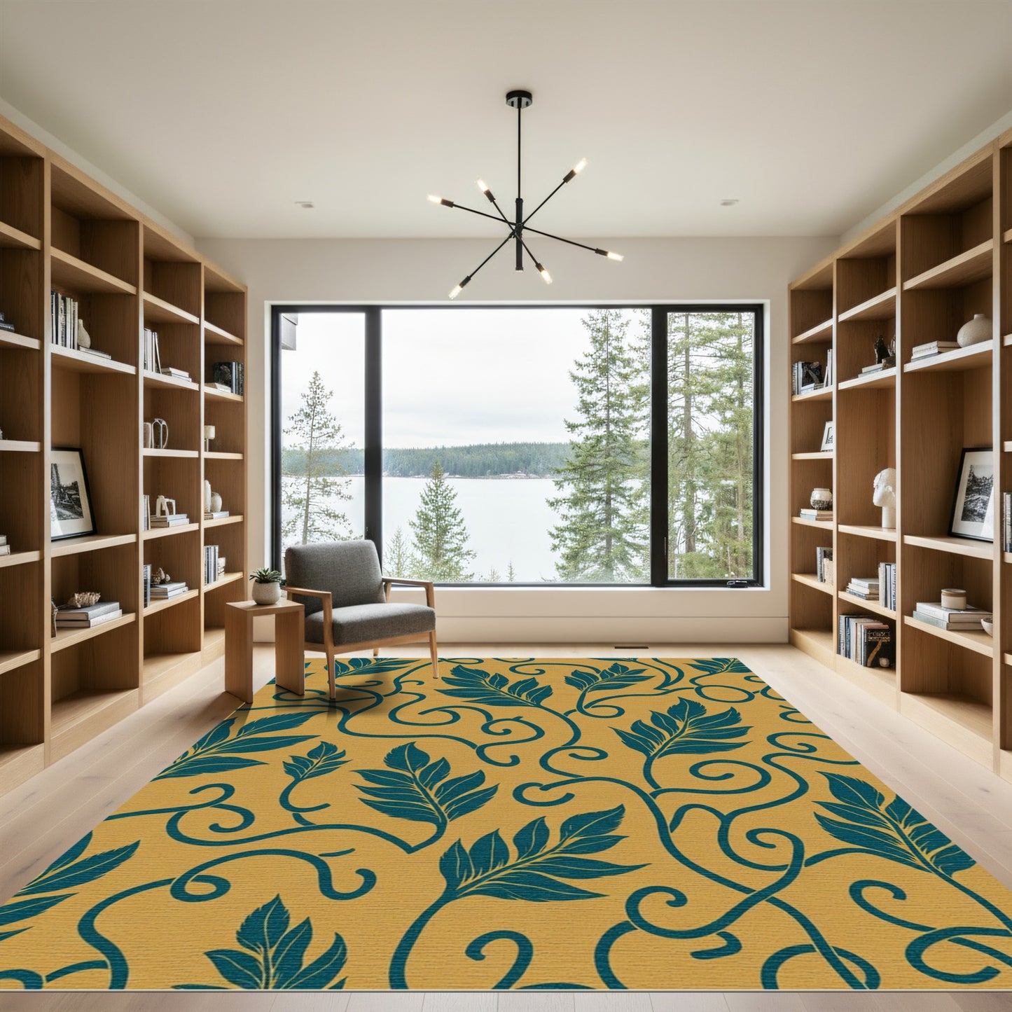 Golden Teal Leaf Scroll Rug
