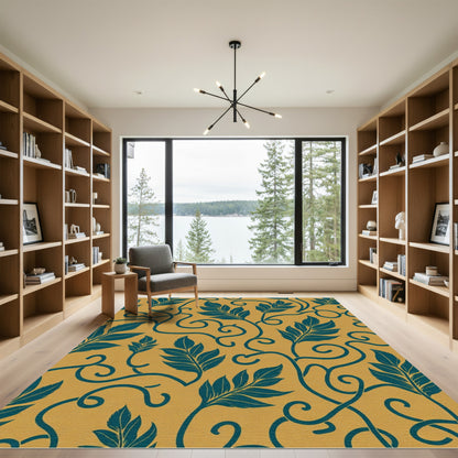 Golden Teal Leaf Scroll Rug