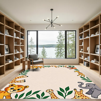 Playful Jungle Animals Greenery Border Rug